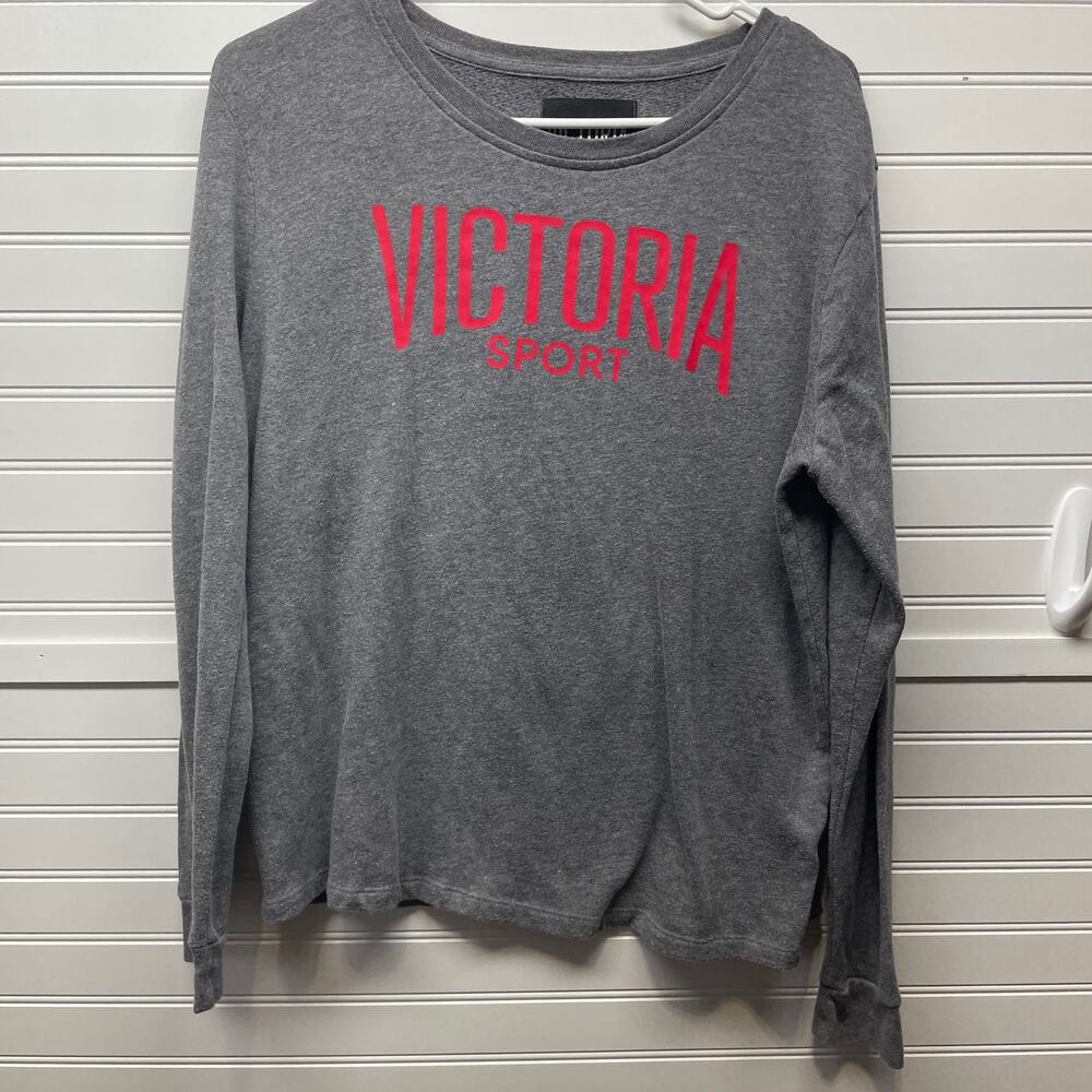 Women's Gray Long-Sleeve Crewneck Top - Pink Logo